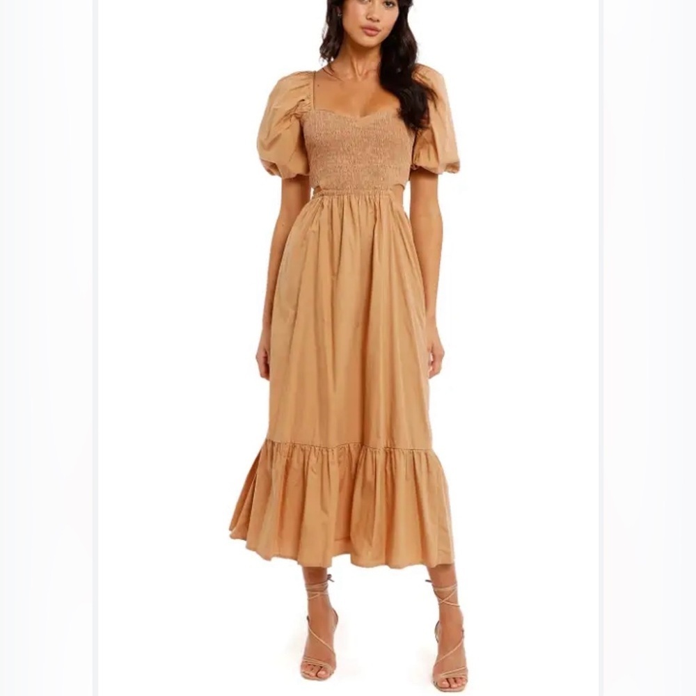 NWT Faithfull the Brand Smocked, Cut Out, Puff Sleeve Midi Dress, Hazelnut, 2